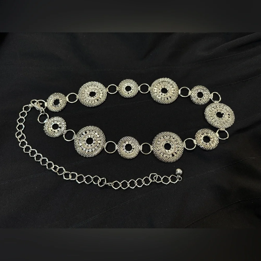 Silver Tone Rhinestone Concho Medallion Belly Body Chain Belt 45”